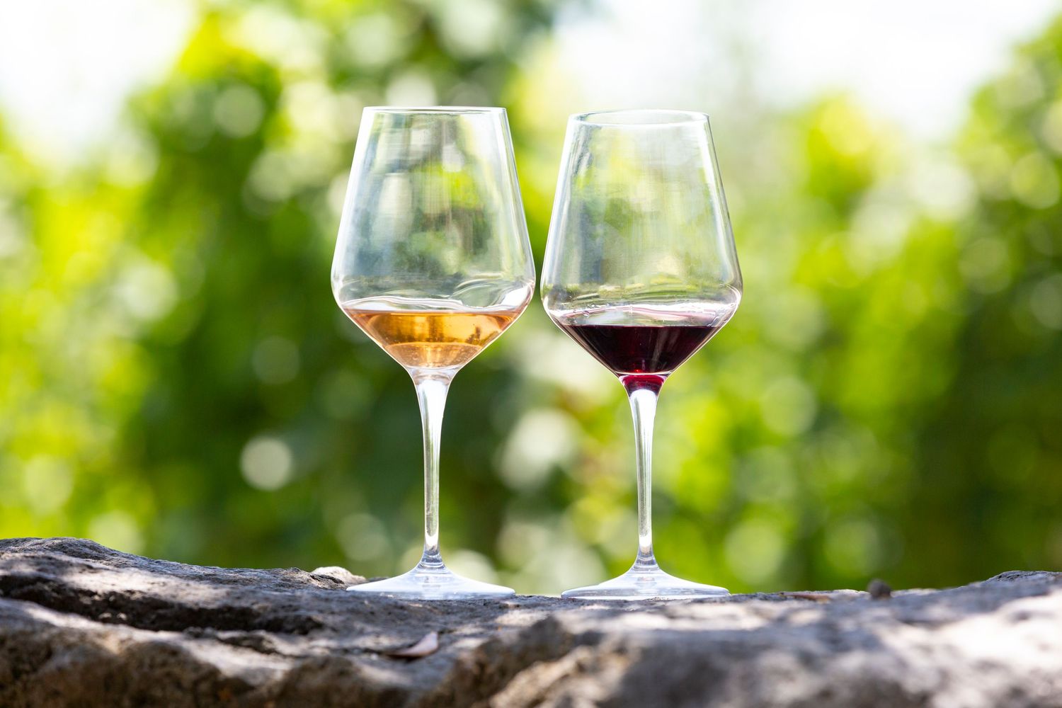Two wine glasses, one with white wine and one with red wine, sit on a rustic stone ledge against a sunlit, blurred green vineyard backdrop.