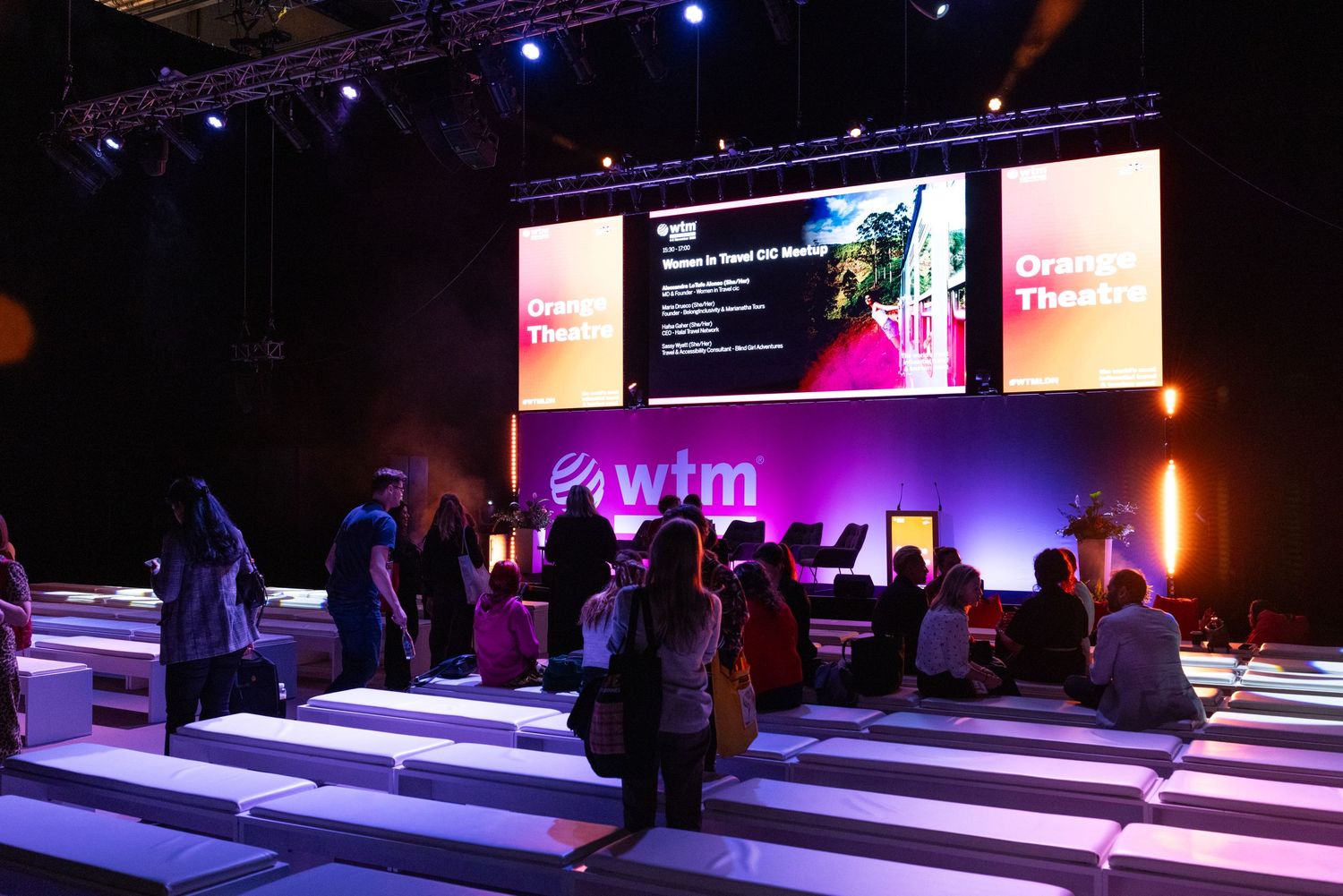 Presentations taking place on the WTM Orange Theatre stage during an international travel industry exhibition