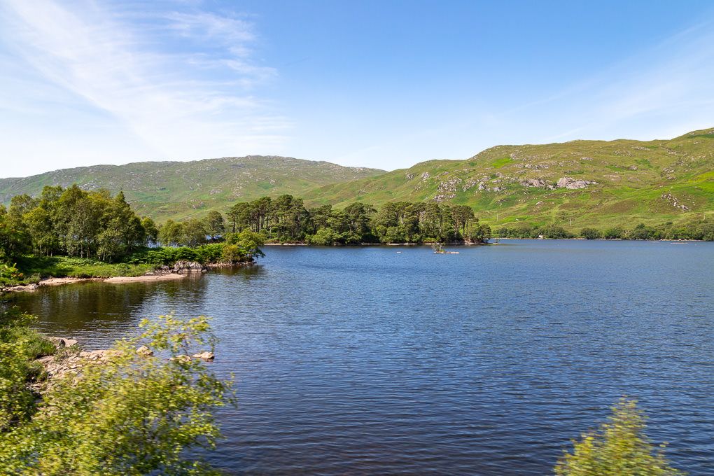 A scenic view of a tranquil lake surrounded by rolling green hills and lush vegetation on a sunny day, shot from the Jacobite Express.