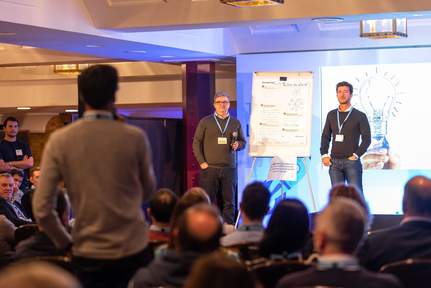 Presenters leading a workshop session during a business conference with delegates and interactive discussion