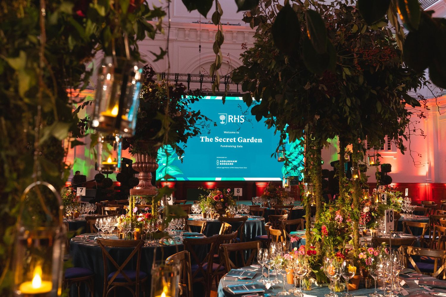 RHS Secret Garden gala dinner venue prepared for a corporate awards ceremony and fundraising event