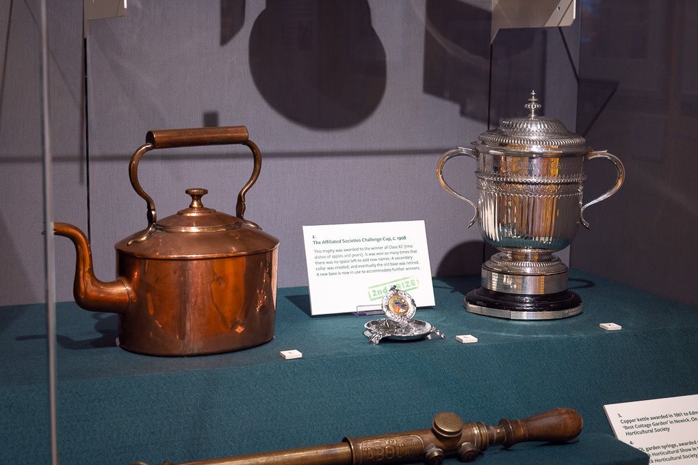 RHS Wisley museum exhibit displaying antique copper and silver teapots and kettles on a blue-green surface.