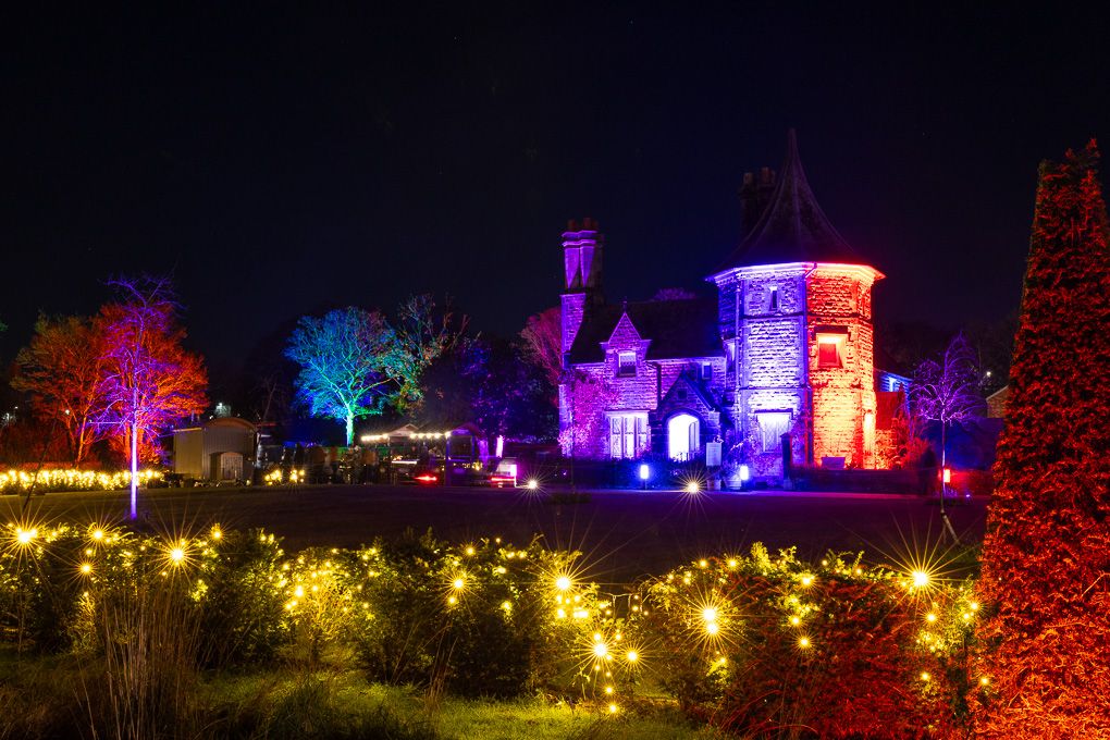 Colourful nighttime illumination of buildings and trees in purple and blue during the Glow event at RHS Bridgewater.