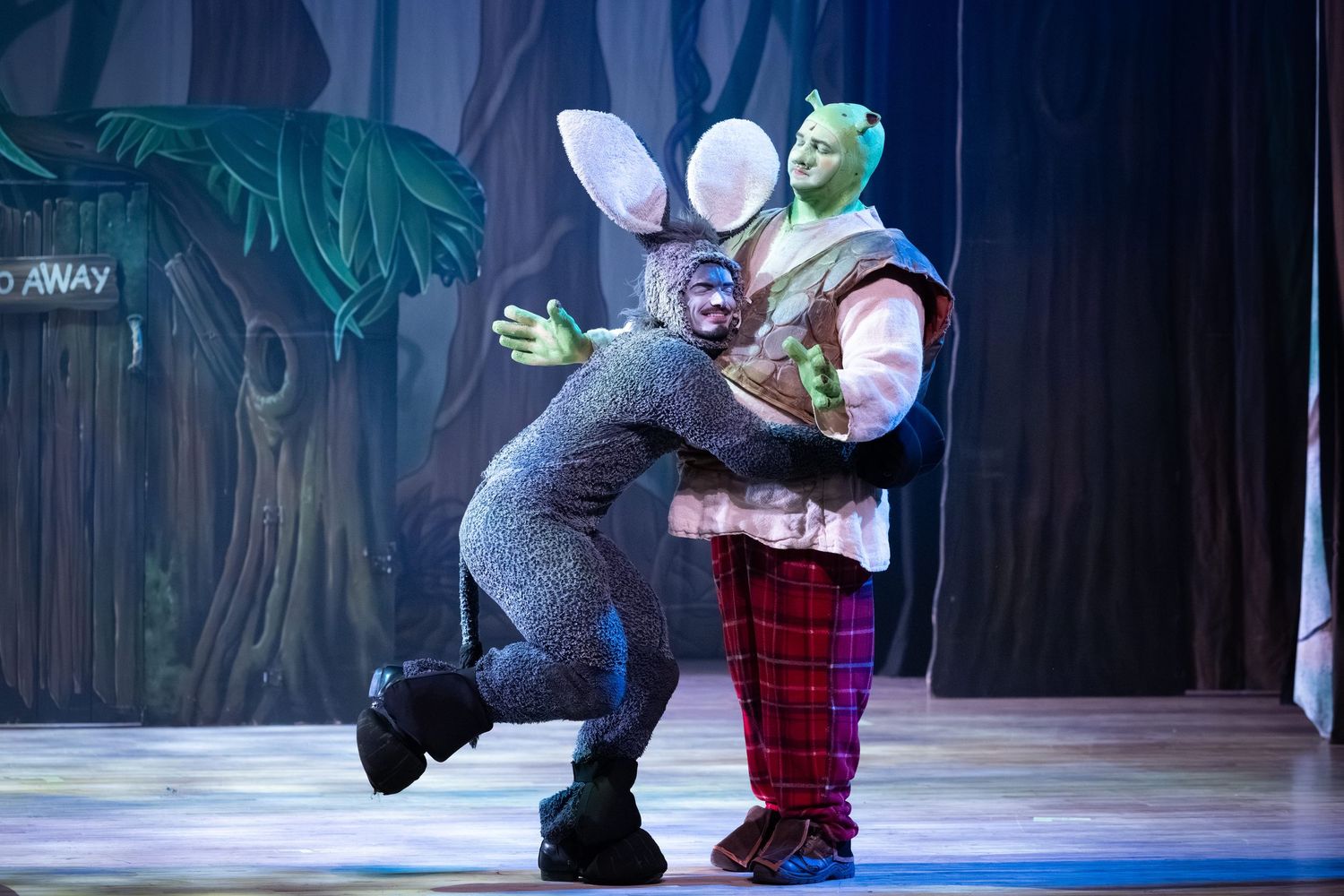 Shrek and Donkey share a scene on a colourful forest stage set during theatre photography at Castle Theatre Wellingborough