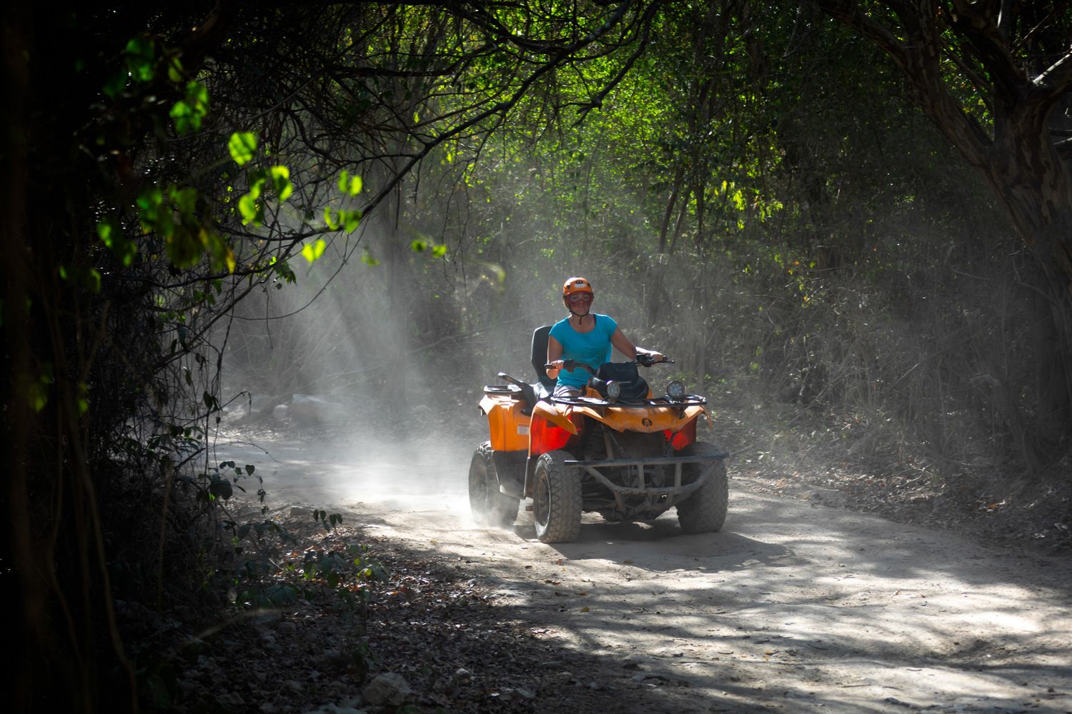 Someone rides an orange ATV through a misty forest trail with sunbeams filtering through the trees.