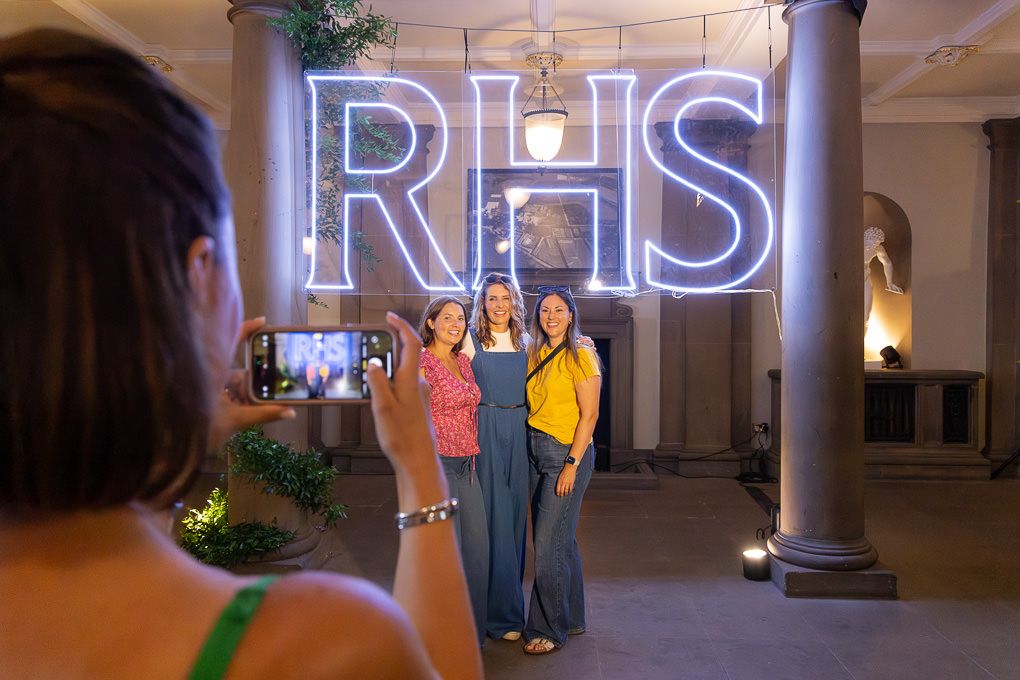 A row of connected circular neon lights illuminate an indoor space, creating a modern ambiance in the venue.