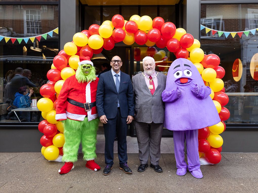 McDonald’s balloon arch at the Rickmansworth restaurant opening, photographed for PR and press use.