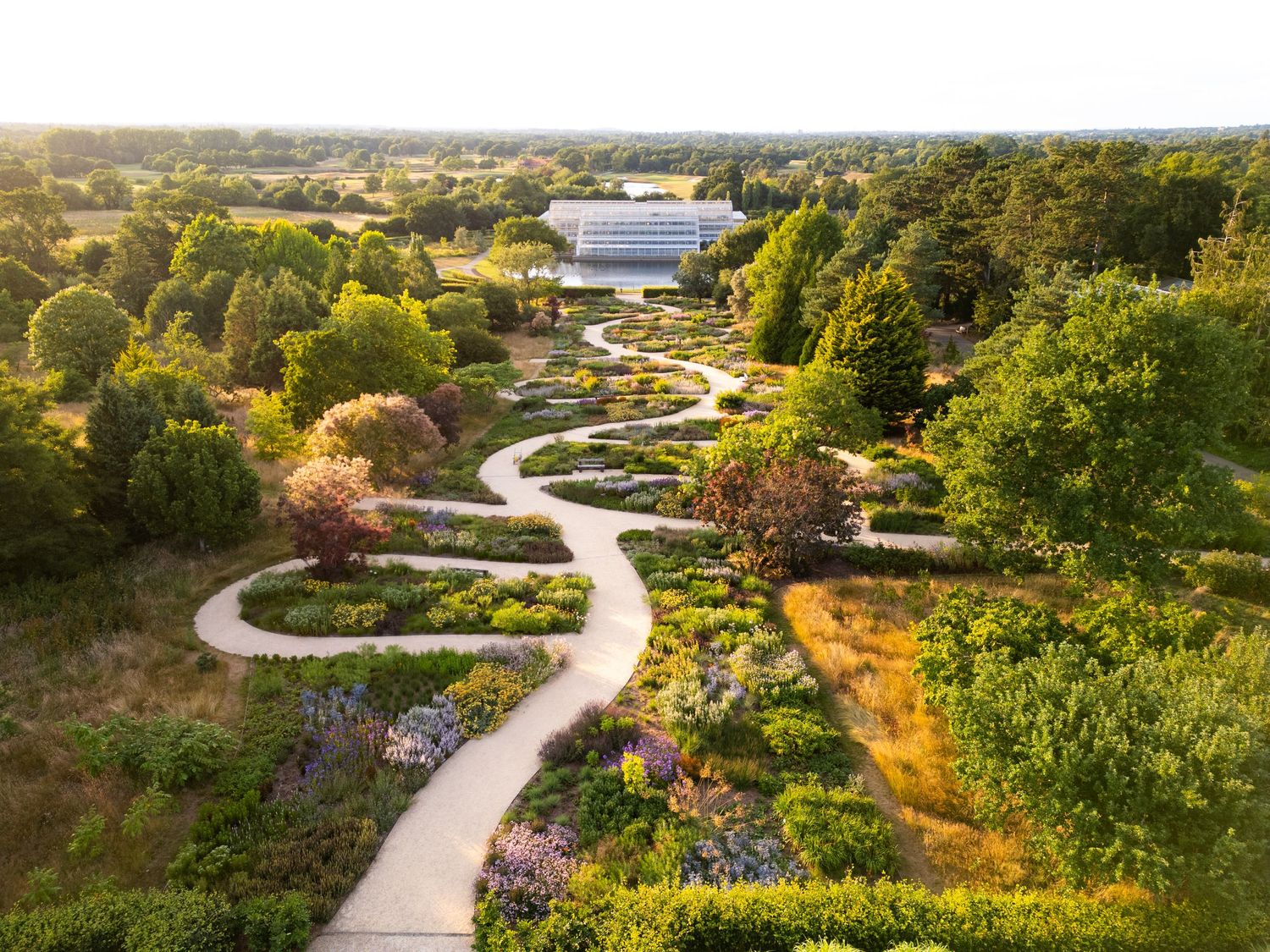 Aerial drone photograph of a formal garden featuring winding pathways, vibrant flower beds, mature trees and a greenhouse.