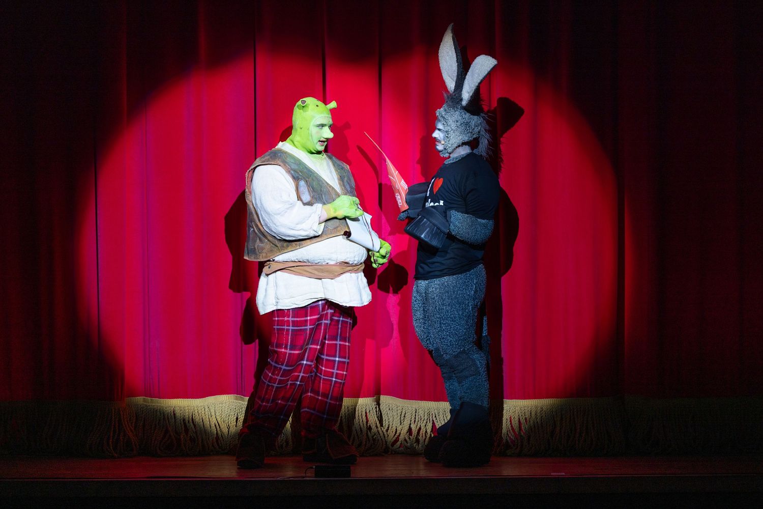 Shrek and Donkey stand before a red curtain in a stage scene during Shrek The Musical at Castle Theatre Wellingborough