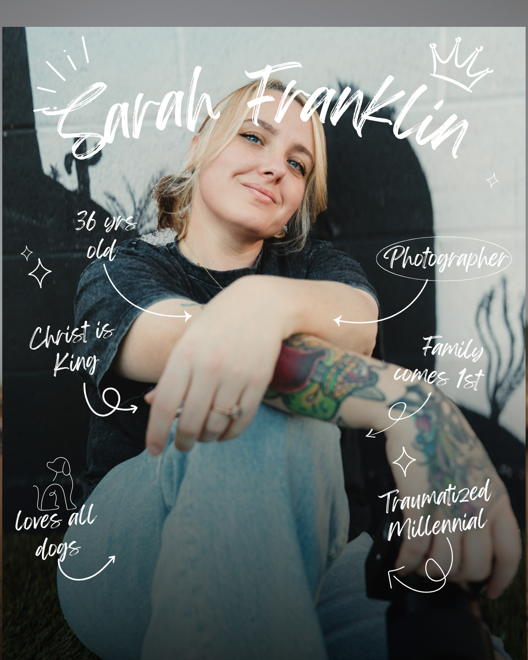Sarah Franklin, a 36-year-old tattooed female photographer, smiles while seated, wearing a black tee and jeans.
