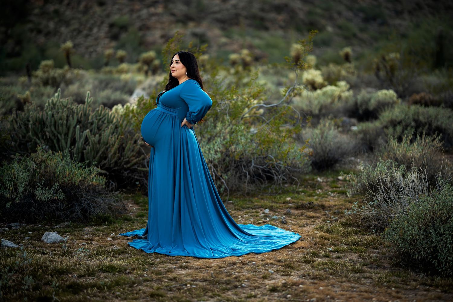 Pregnant woman in teal maternity gown poses in desert landscape with flowing train dress.