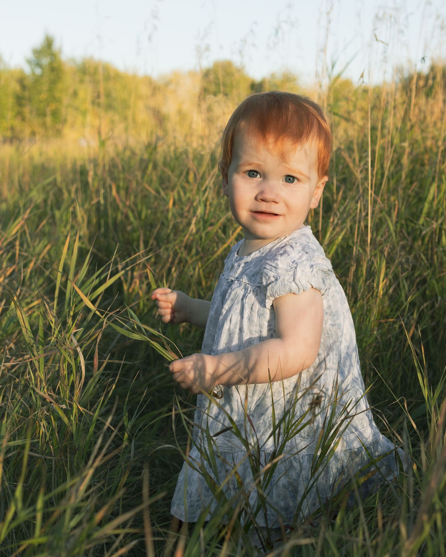 A red-haired toddler in a white dress sits in tall green grass, holding blades of grass in a sunny meadow.