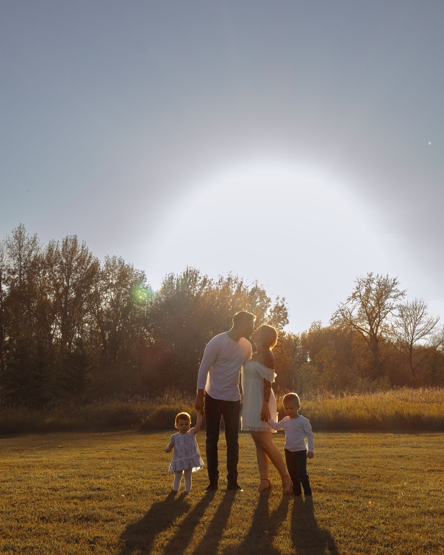 Family of four holding hands in a grassy field at golden hour sunset, with two young children and trees glowing in warm backlight.