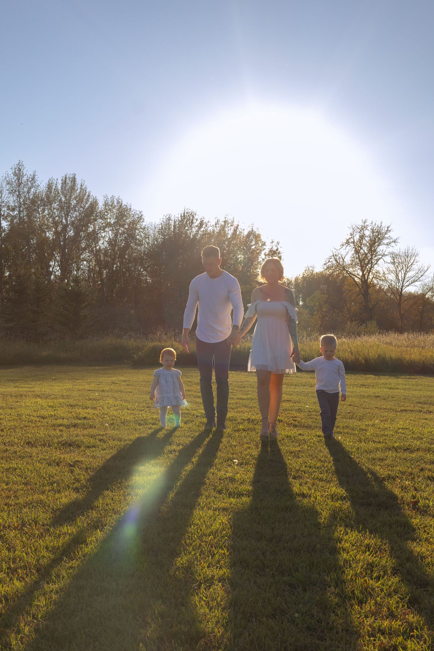 Family of four walking hand-in-hand across a sunlit green field at golden hour with trees in background.