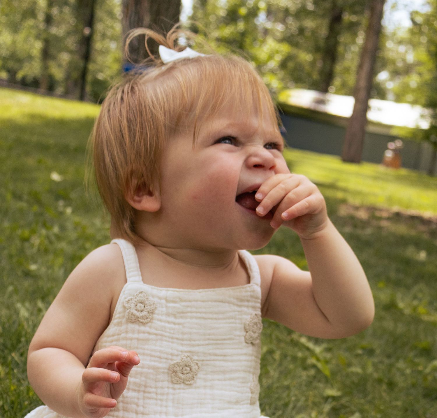 Adorable blonde toddler girl in white dress sitting on grass, laughing with hand near mouth.
