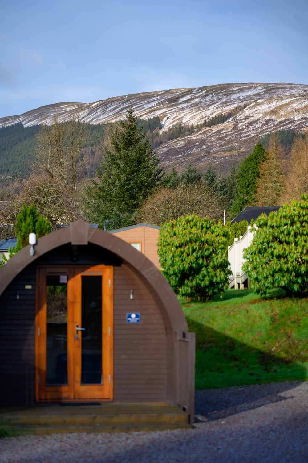Luxury glamping pod in Tyndrum, Scotland, photographed for holiday accommodation marketing.