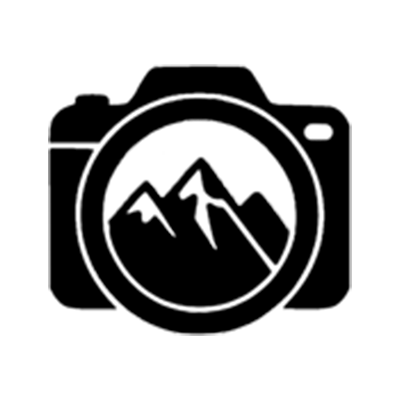 Black camera icon with mountains inside the lens