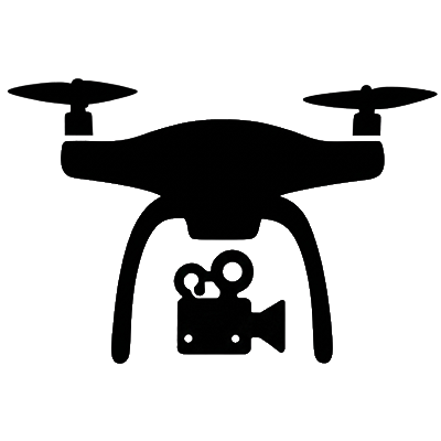 Black quadcopter aerial drone carrying a video camera icon