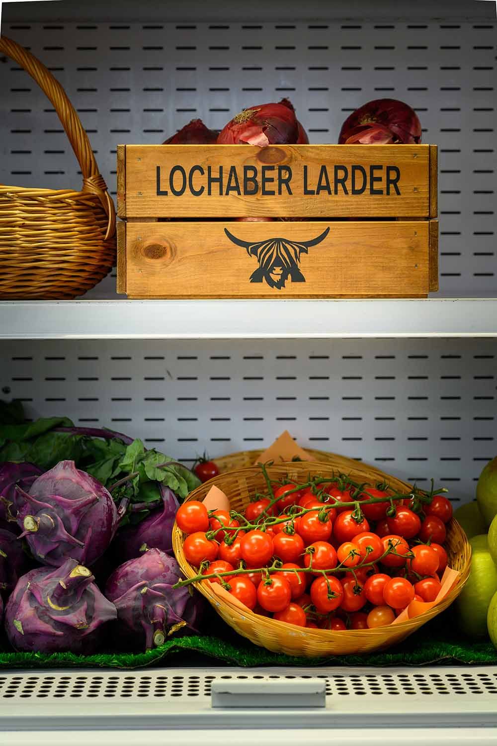 1. Lochaber Larder branded food and fresh produce display in the Scottish Highlands