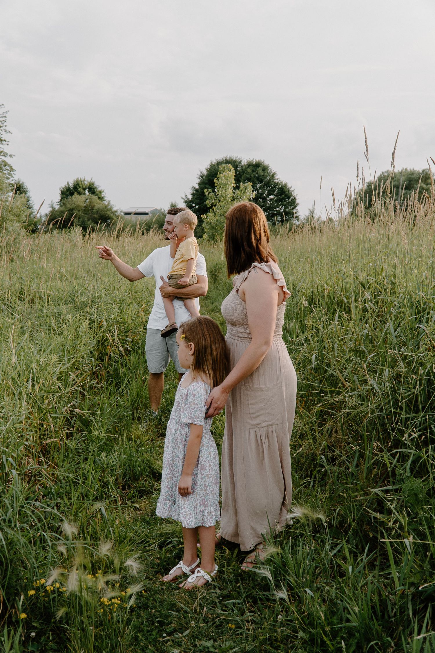 Family of four exploring lush green meadow with father pointing at something in distance.