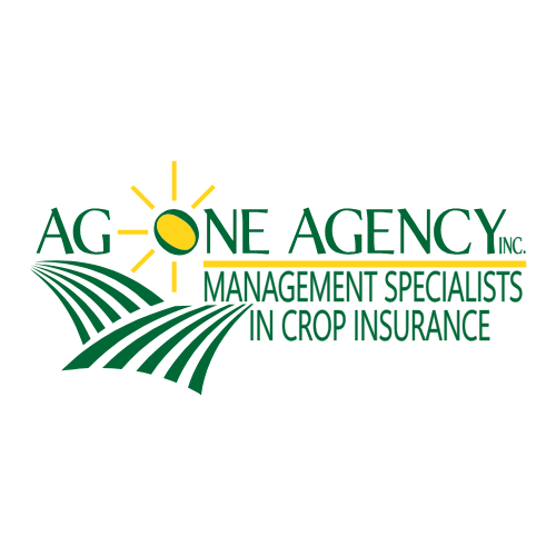 Ag One Agency Inc. logo for crop insurance management specialists featuring a sun and green agricultural field design.