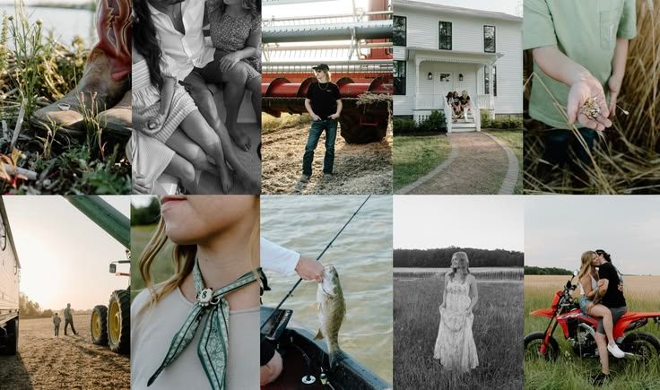 A collage of rustic outdoor lifestyle photos featuring fishing, farm scenery, and a couple on a dirt bike.