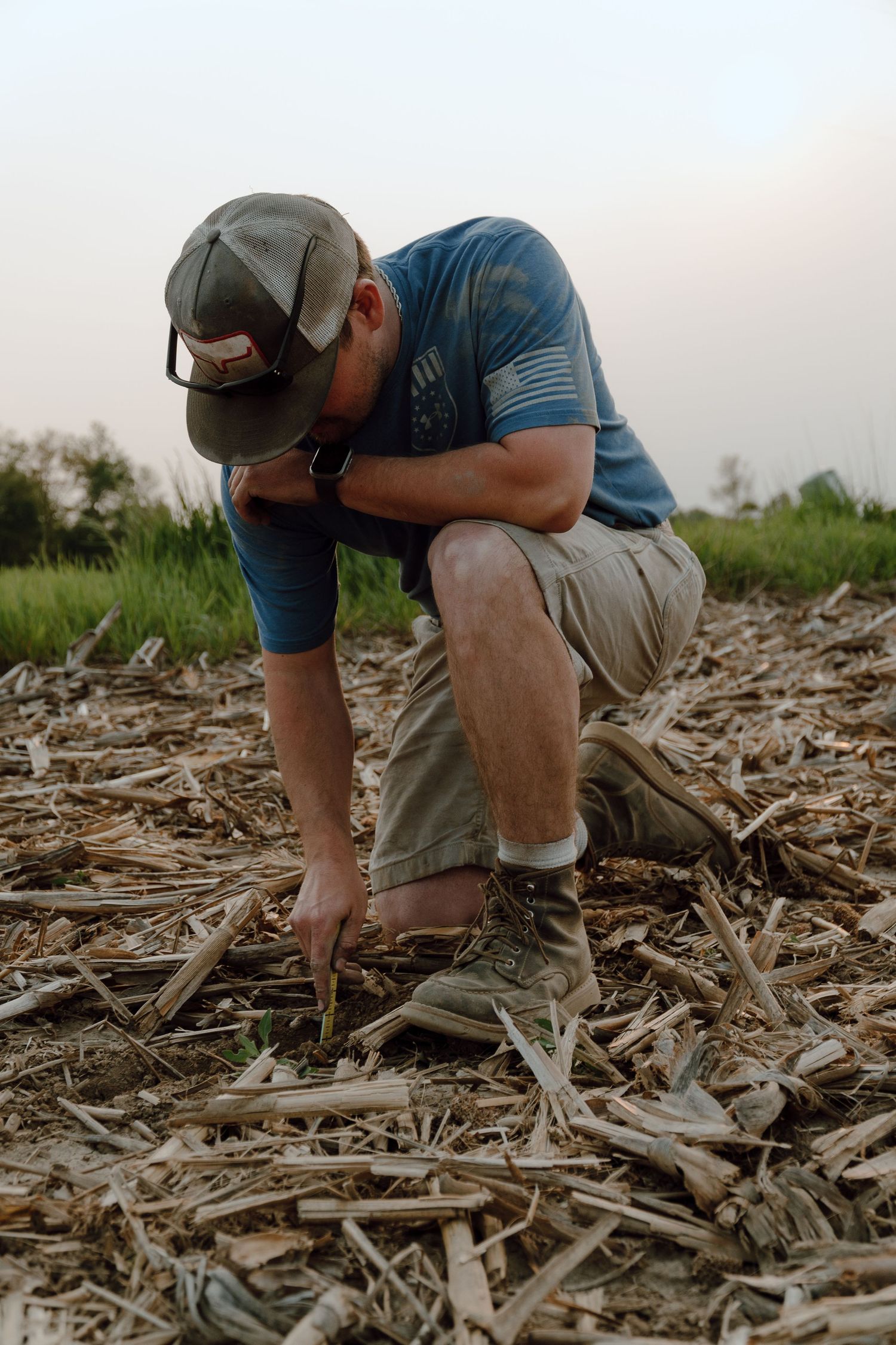 Farmer crouching in a harvested corn field examining soil and crop residue at dusk.