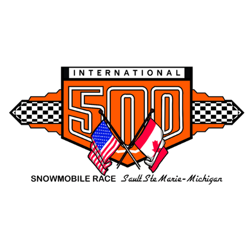 International 500 Snowmobile Race official logo with crossed flags and checkered design, Sault Ste. Marie, Michigan event branding.