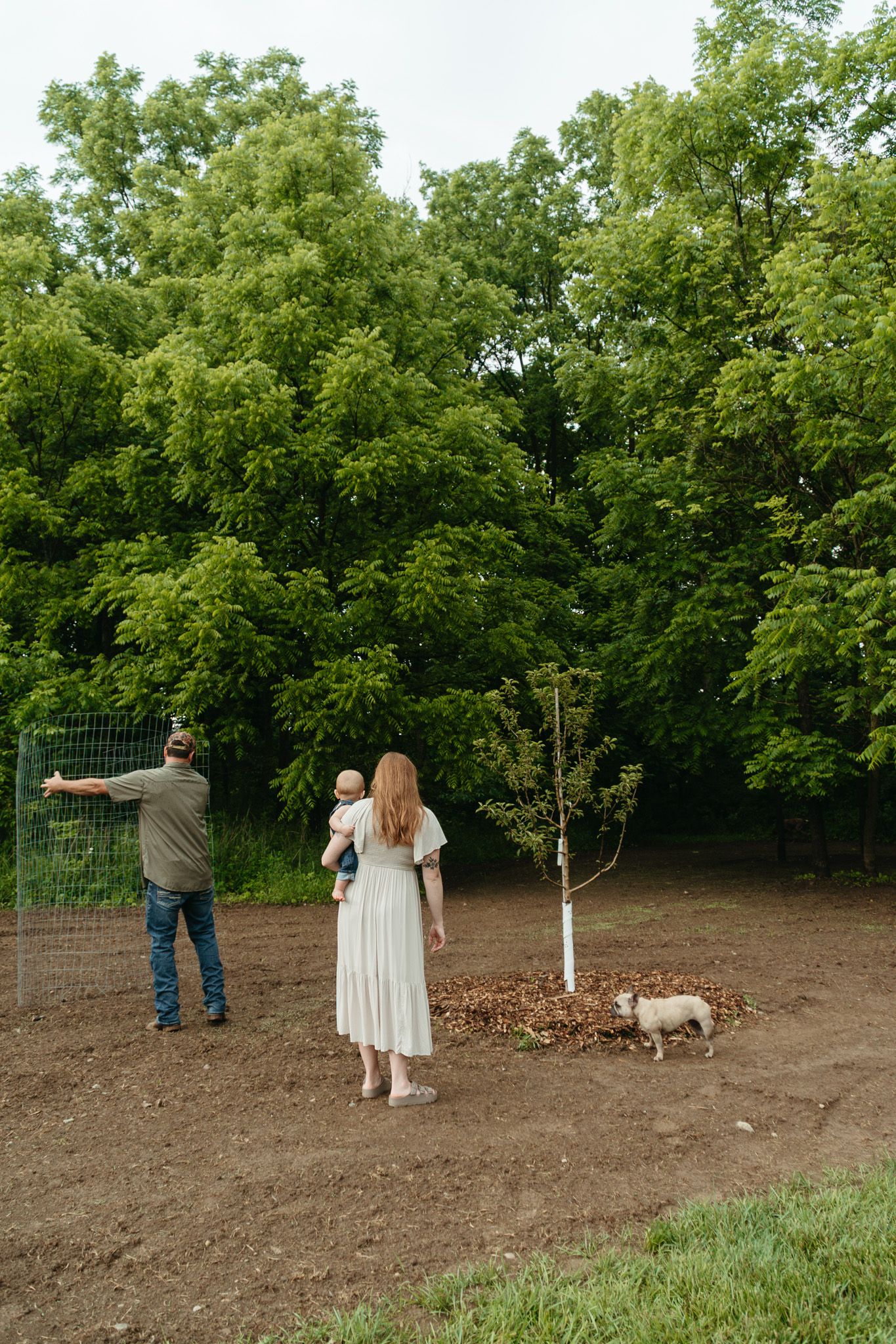 Family with baby and small dog walks toward a garden fence surrounded by lush green trees on a farm.