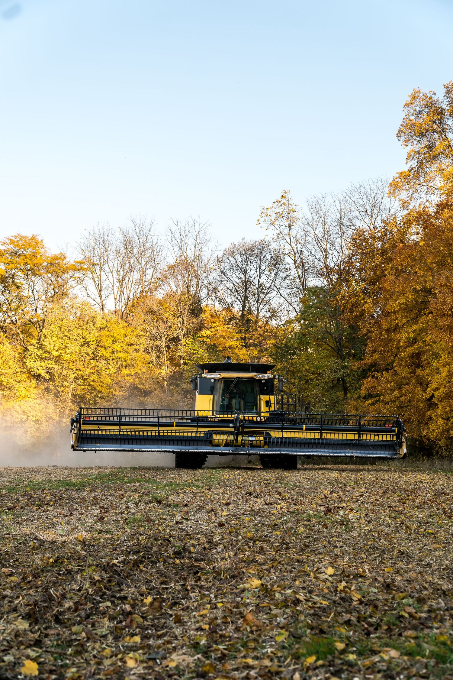 Yellow combine harvester working in autumn field surrounded by colorful fall foliage trees on sunny day.