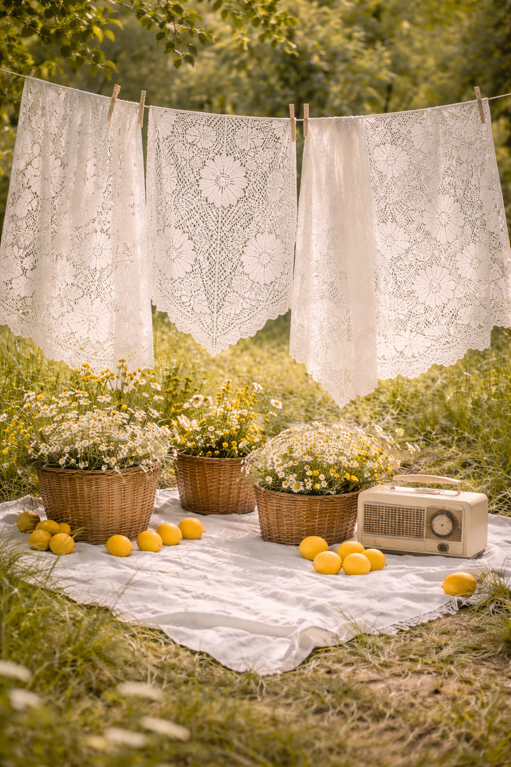White lace linens hang on clothesline above picnic setting with wicker baskets and fresh oranges on white blanket.