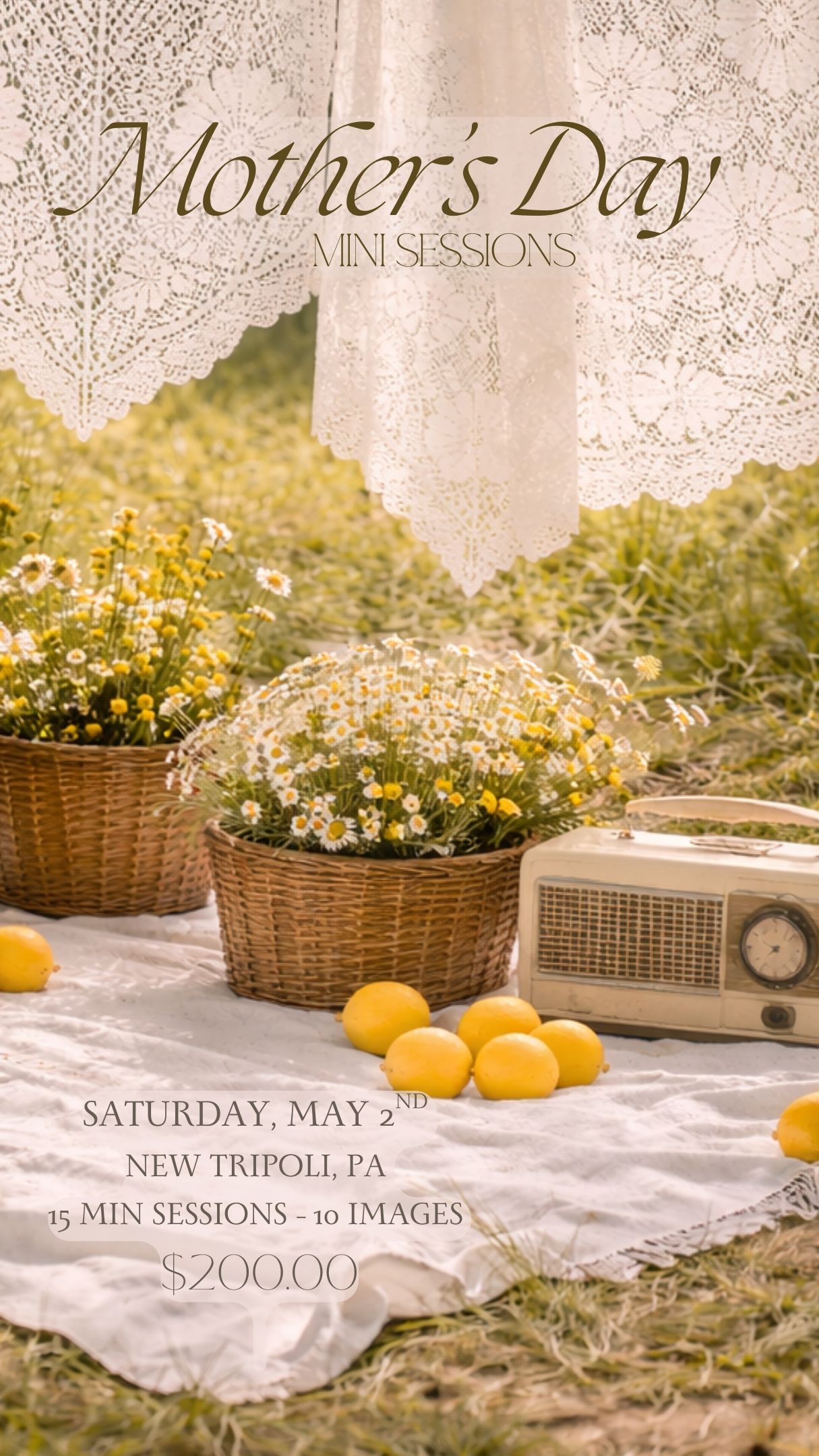 Mother's Day mini session advertisement with daisies, lemons, and vintage lace on white fabric in soft natural light.
