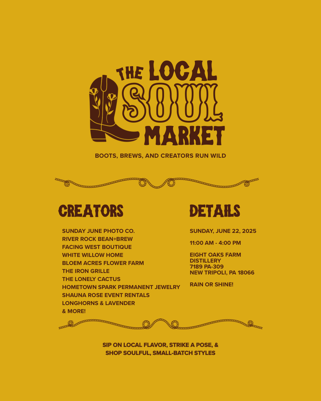 Event flyer for The Local Soul Market listing creators and details on yellow background.