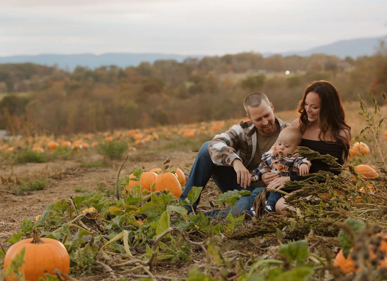 Family sitting together in a pumpkin patch during autumn, surrounded by orange pumpkins and fall foliage.