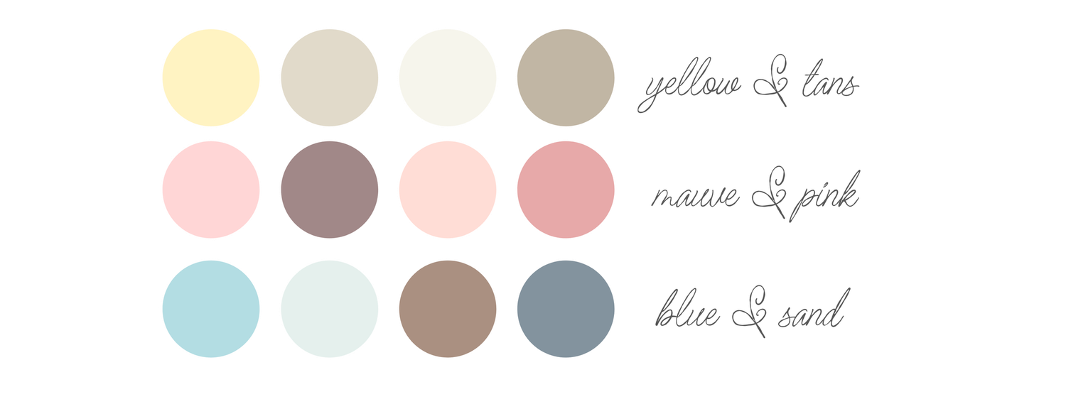 Color palette showing muted pastel shades of yellow, beige, brown, pink, and blue arranged in horizontal rows.