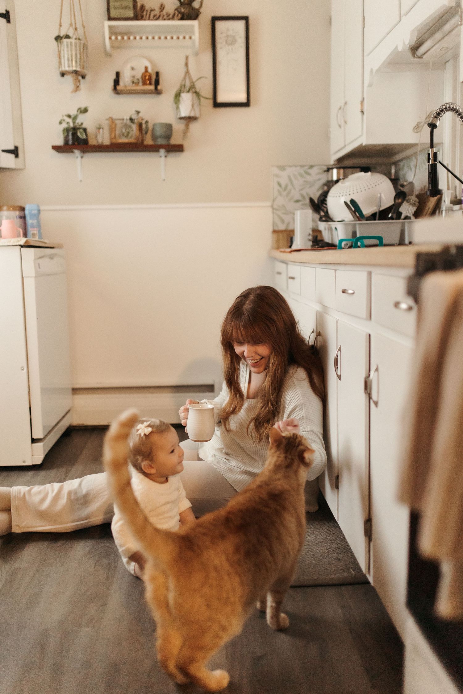 A cozy kitchen scene with a ginger cat and people sitting on the floor sharing a moment together.