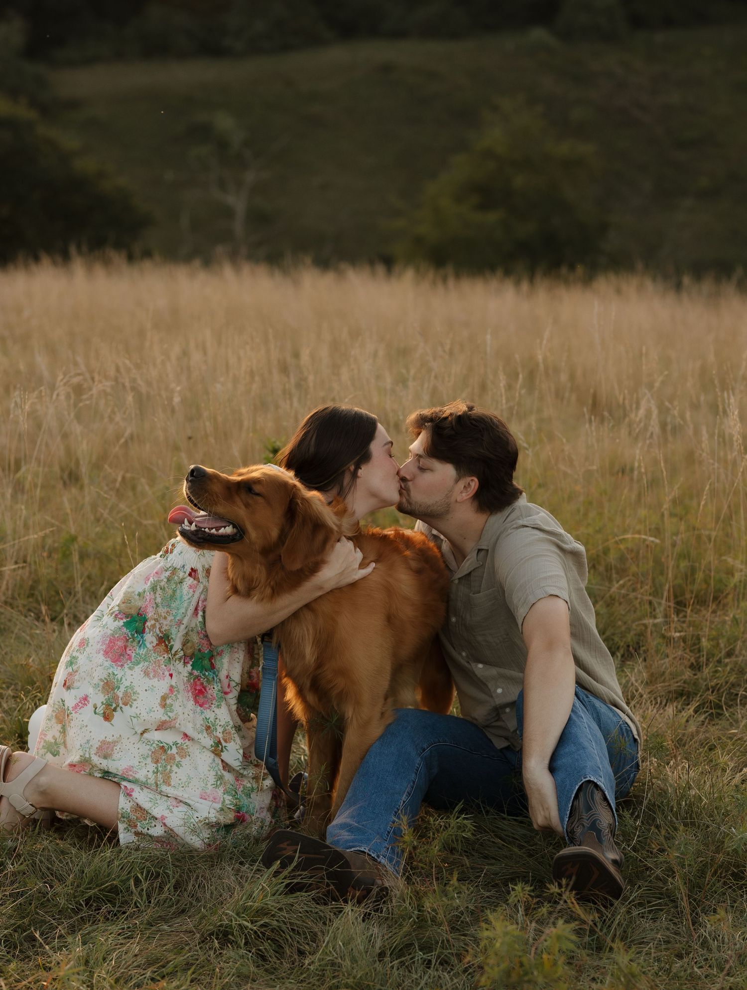 Family relaxing in tall grass with their friendly golden retriever during a sunset photoshoot.