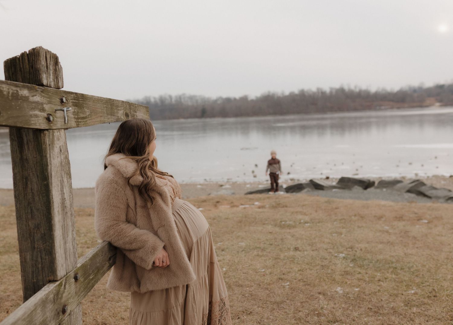 Serene lakeside scene with wooden posts and natural winter landscape.