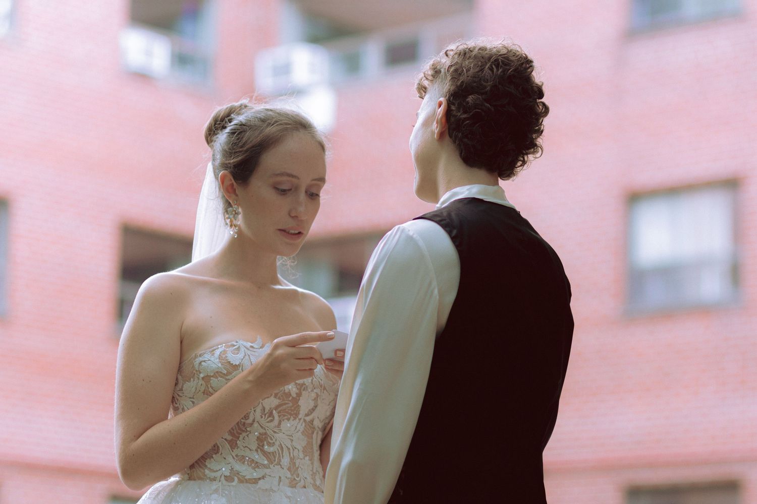 Bride's Intimate private vow exchange before wedding ceremony at Granite Brewery in Toronto