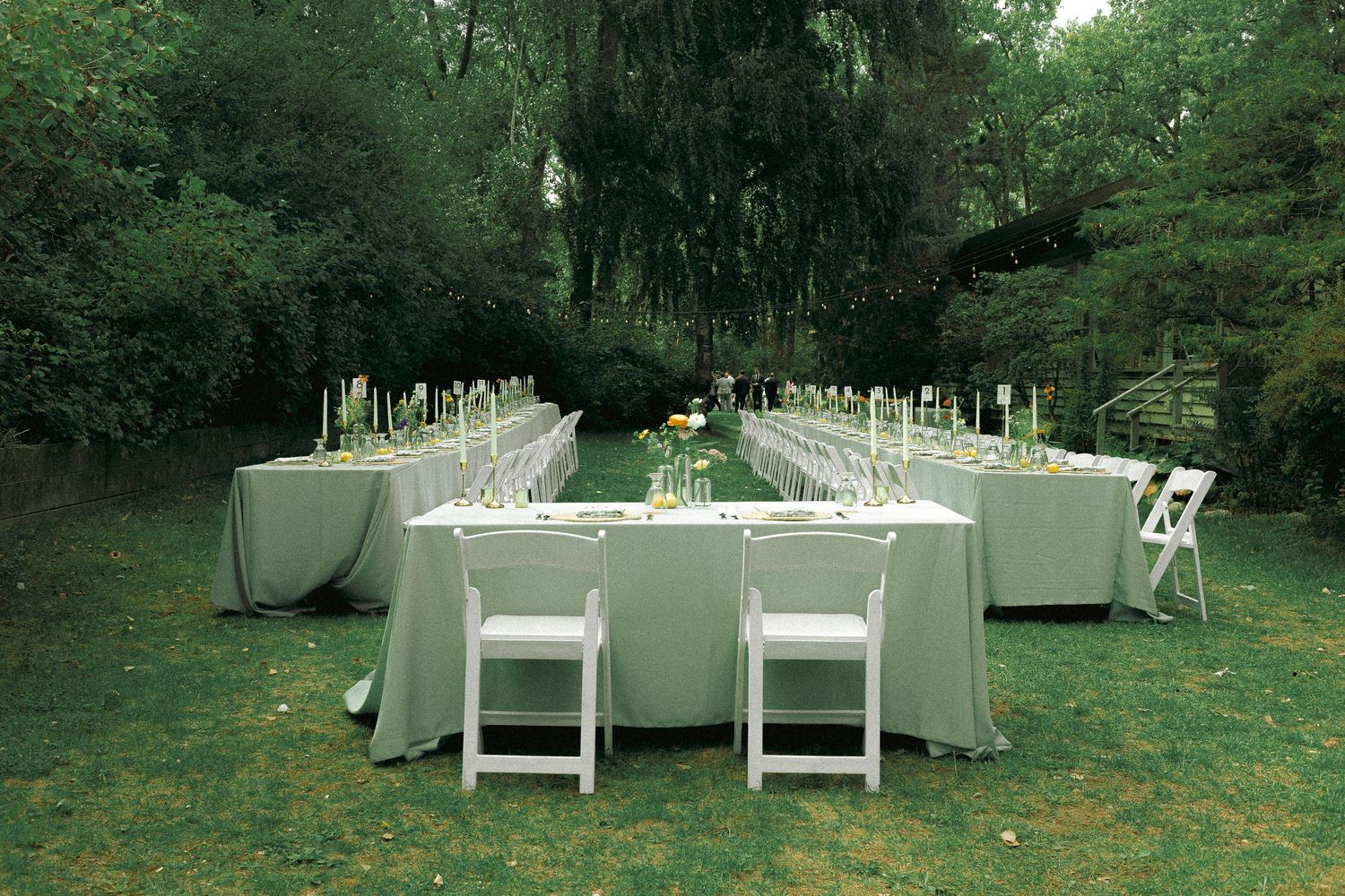 Outdoor wedding dinner set up on Toronto Island