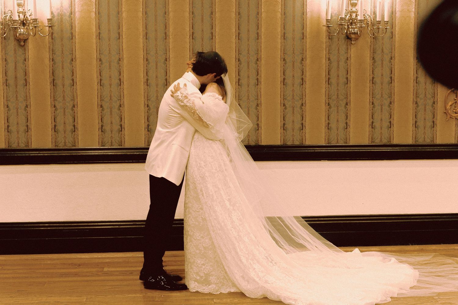 bride and groom first look at Old Mill Toronto fall wedding