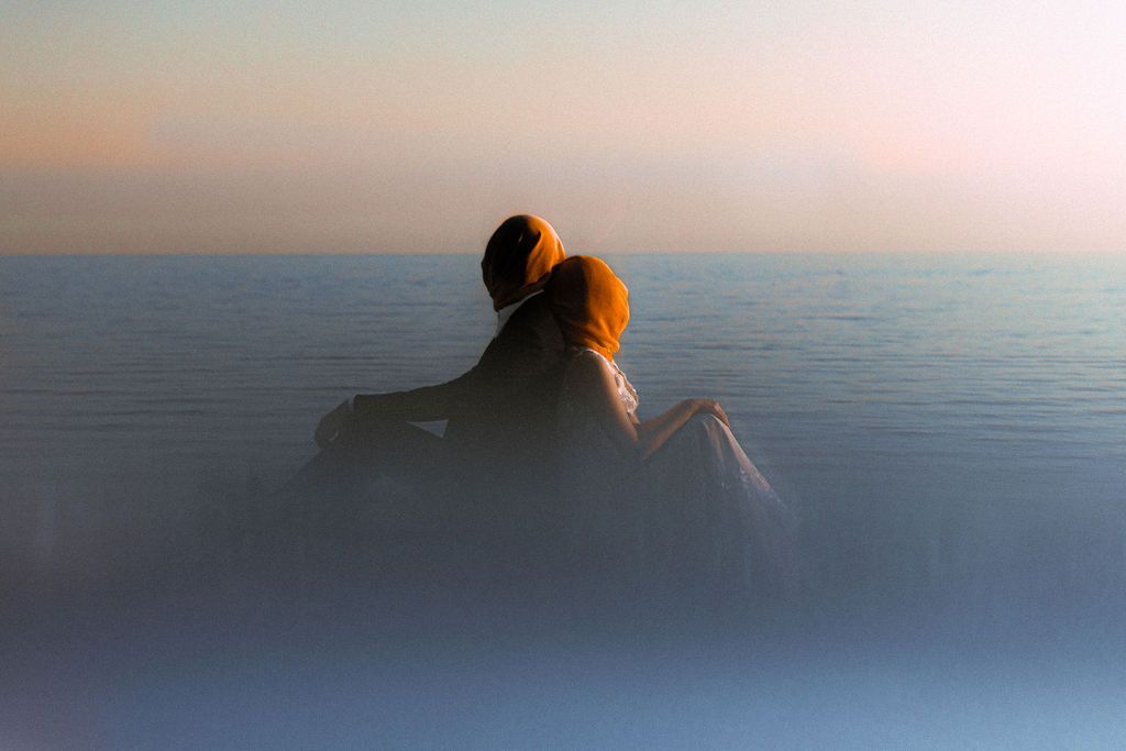 Surreal Magritte inspired wedding portrait at Scarborough Bluffs Toronto