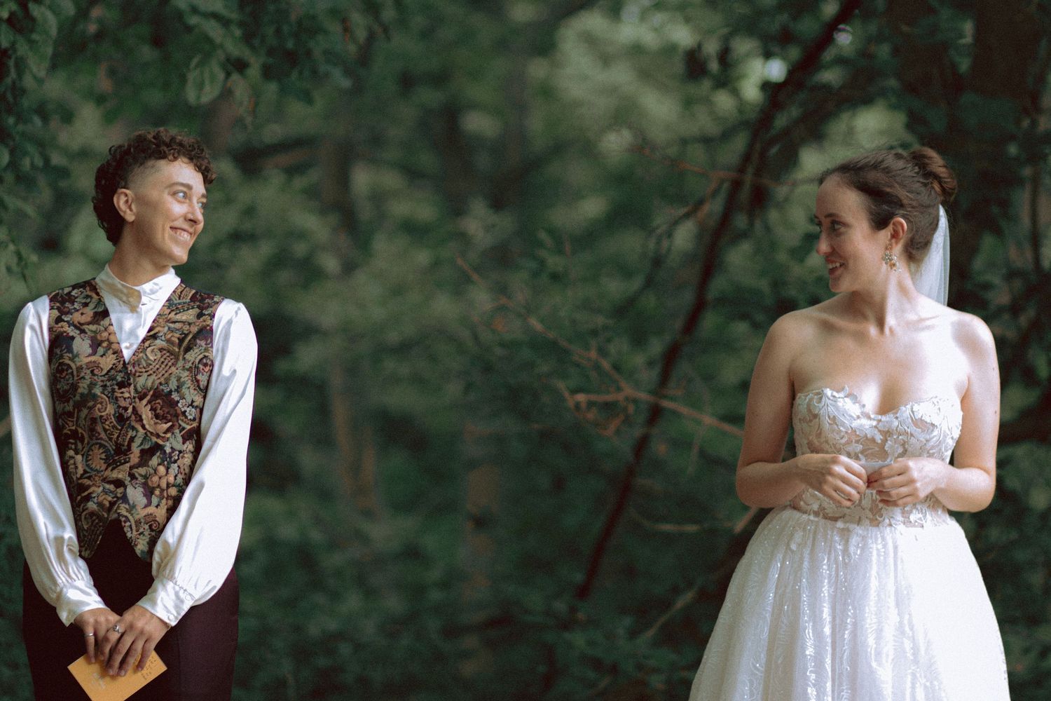 Queer couple first look before wedding ceremony at Granite Brewery in Toronto