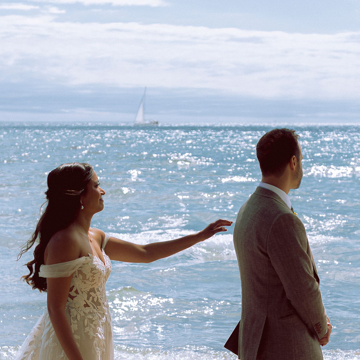 bride and groom first look on Toronto Island