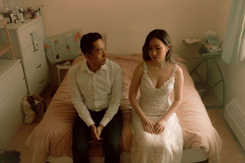 bride and groom getting ready photo with cinematic feel
