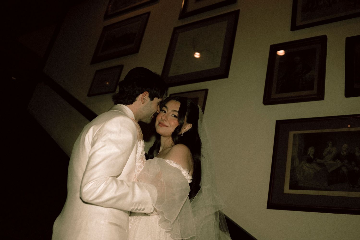 bride and groom first look at Old Mill Toronto fan wedding