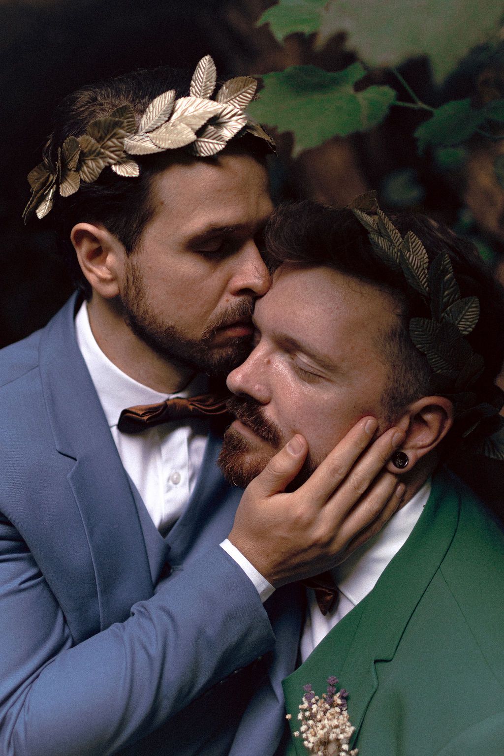 Gay couple portrait in lush August gardens at Fantasy Farm Toronto same-sex wedding