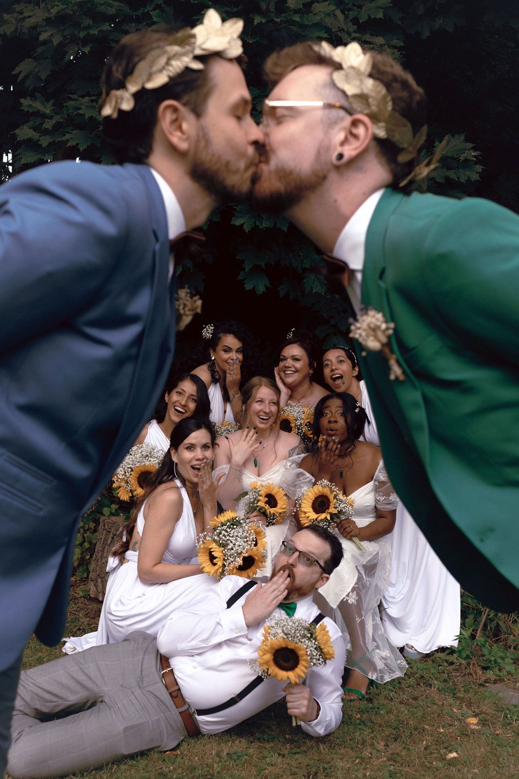 Same-sex couple and their wedding party at Fantasy Farm Toronto