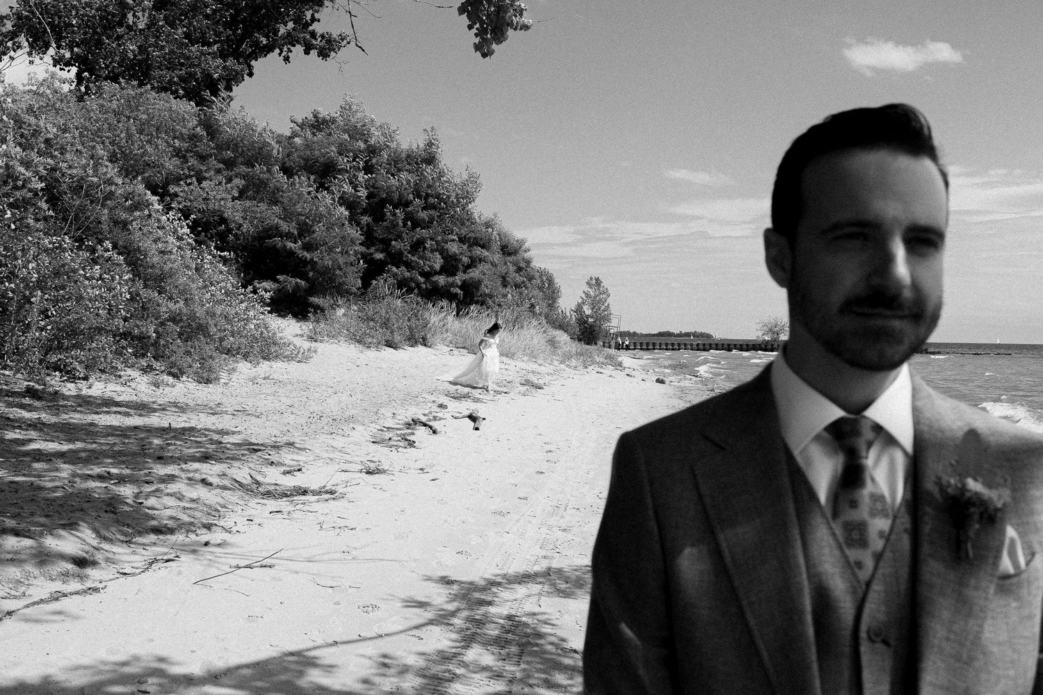 bride and groom first look on Toronto Island