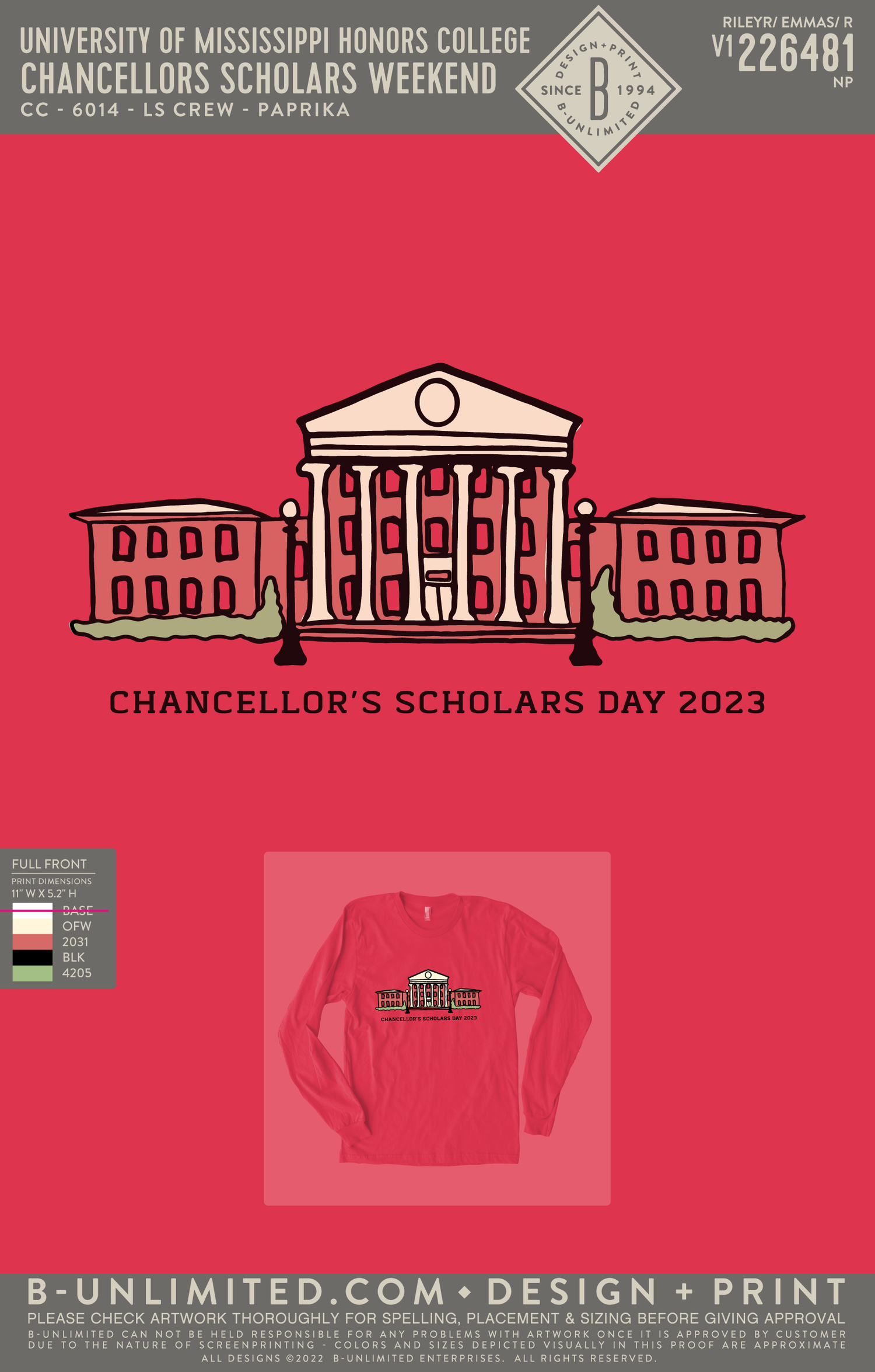 Red long sleeve shirt featuring University of Mississippi Honors College Chancellors Scholars Day 2023 design with campus building graphic.